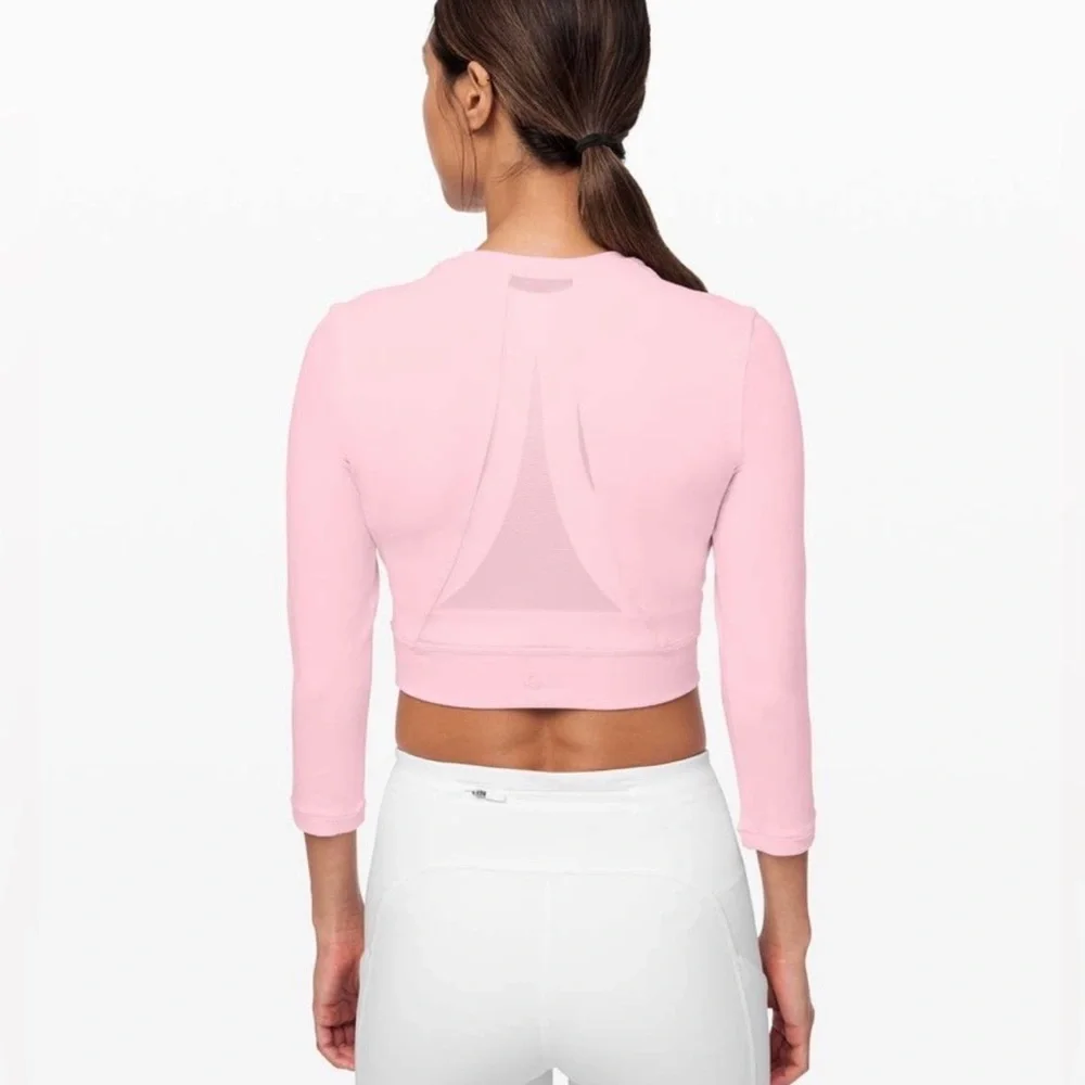 Lululemon Short Stop Crop Top Long Sleeves Pink Mesh Back Activewear Athleisure - Picture 2 of 10